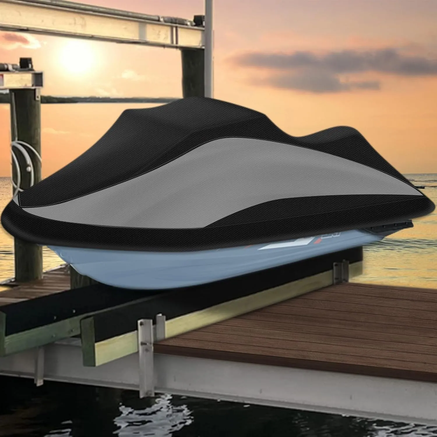Trailerable Jet Ski Cover, 300D Heavy Duty Waterproof PWC Cover with Reflective Strip Vents, Fits Seadoo, Yamaha, GTX, Kawasaki, Honda, Polaris 3 Seater 126" to 135" L (Black&Grey)