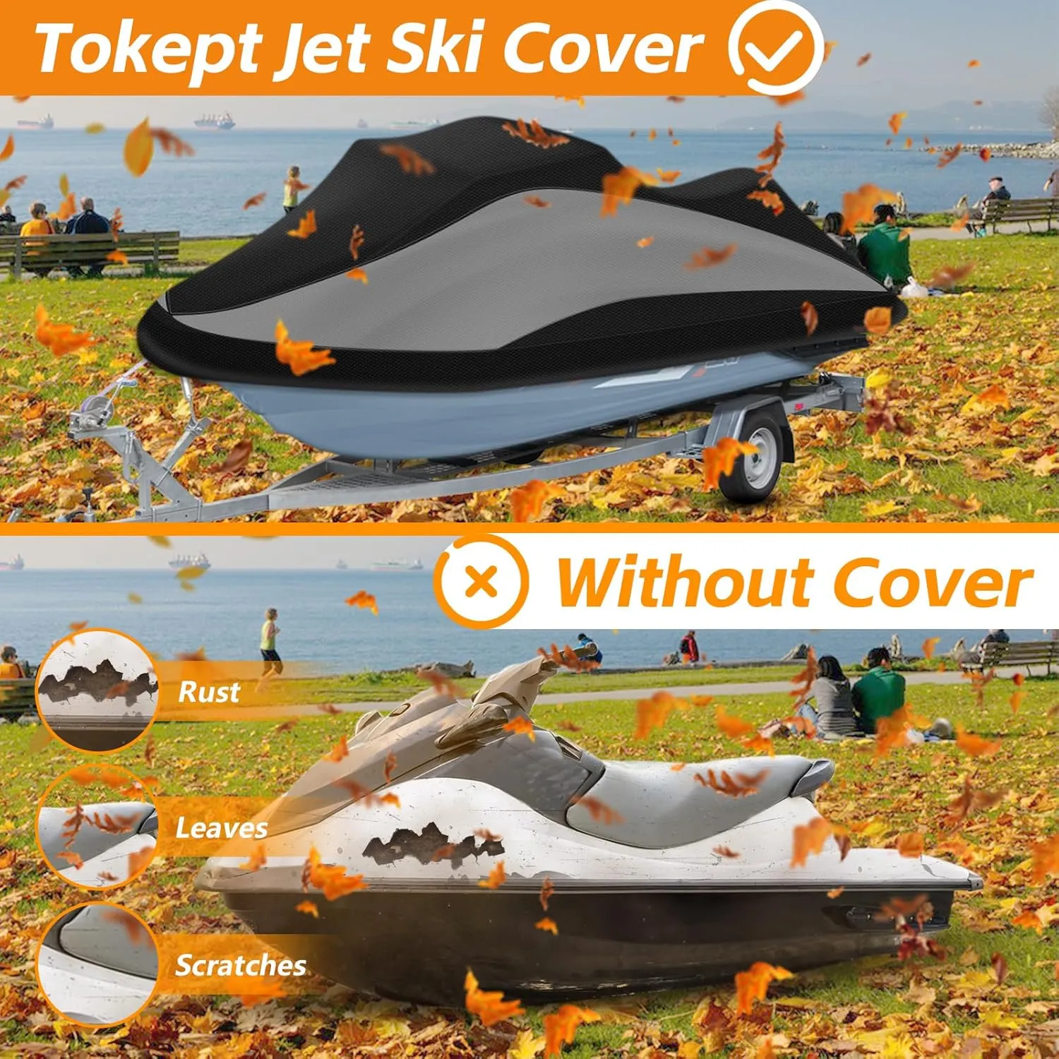 Trailerable Jet Ski Cover, 300D Heavy Duty Waterproof PWC Cover with Reflective Strip Vents, Fits Seadoo, Yamaha, GTX, Kawasaki, Honda, Polaris 3 Seater 126" to 135" L (Black&Grey)