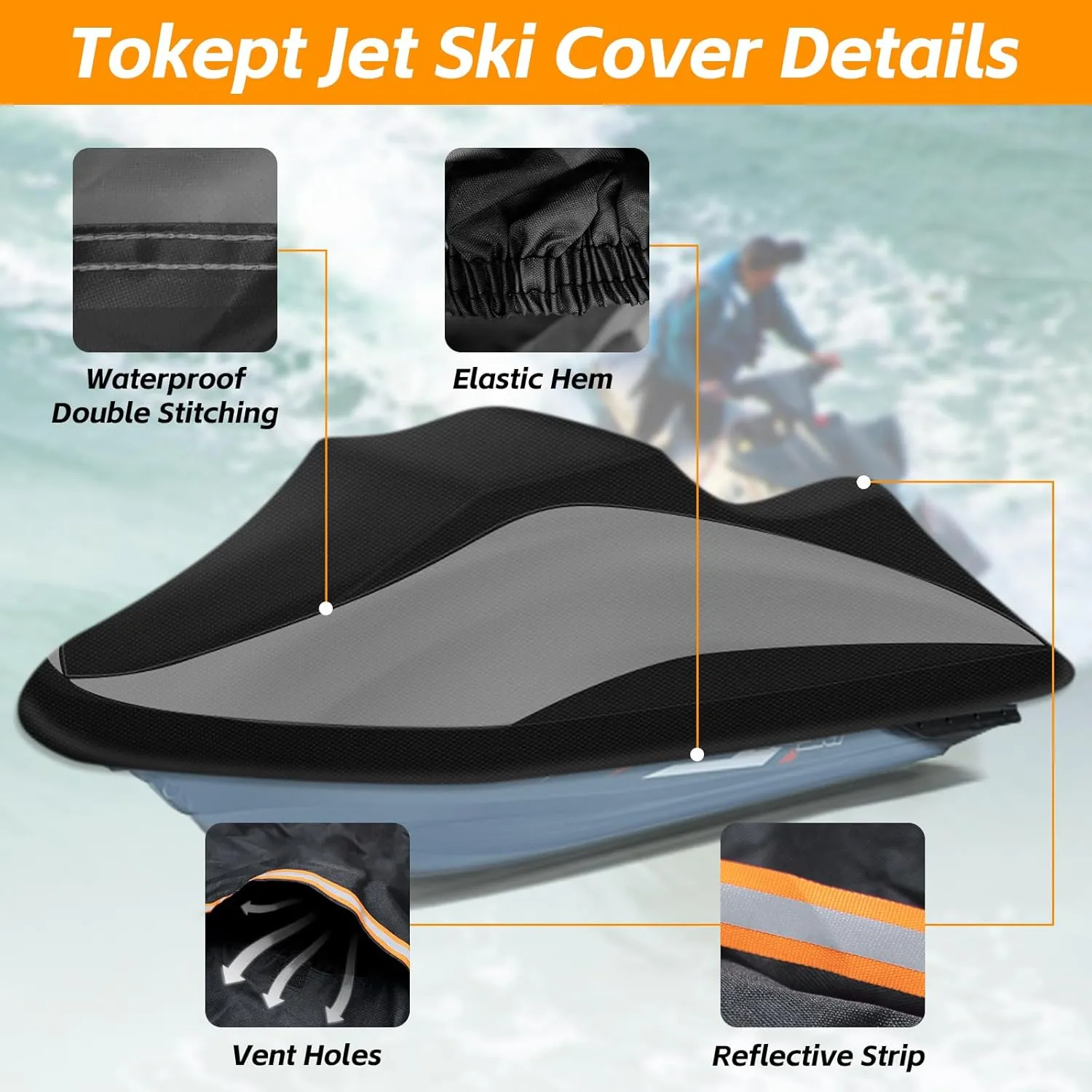 Trailerable Jet Ski Cover, 300D Heavy Duty Waterproof PWC Cover with Reflective Strip Vents, Fits Seadoo, Yamaha, GTX, Kawasaki, Honda, Polaris 3 Seater 126" to 135" L (Black&Grey)