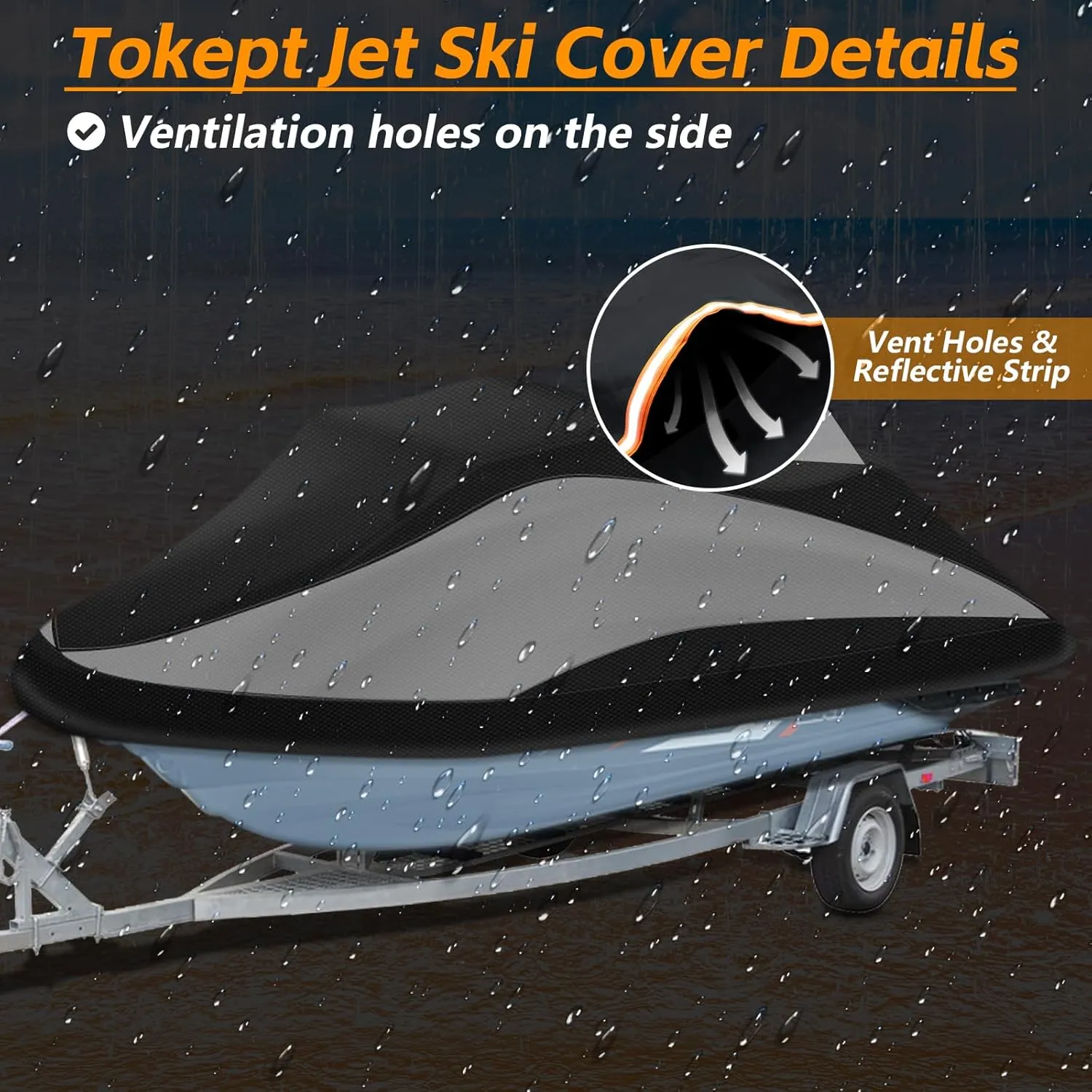 Trailerable Jet Ski Cover, 300D Heavy Duty Waterproof PWC Cover with Reflective Strip Vents, Fits Seadoo, Yamaha, GTX, Kawasaki, Honda, Polaris 3 Seater 126" to 135" L (Black&Grey)