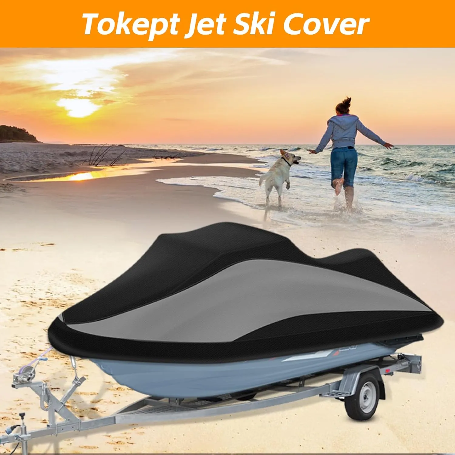 Trailerable Jet Ski Cover, 300D Heavy Duty Waterproof PWC Cover with Reflective Strip Vents, Fits Seadoo, Yamaha, GTX, Kawasaki, Honda, Polaris 3 Seater 126" to 135" L (Black&Grey)