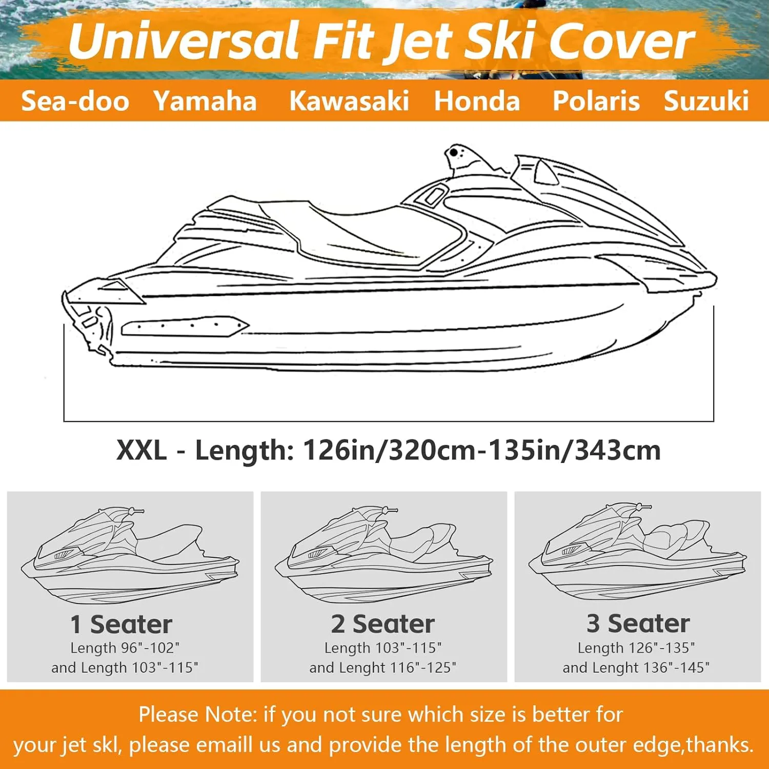 Trailerable Jet Ski Cover, 300D Heavy Duty Waterproof PWC Cover with Reflective Strip Vents, Fits Seadoo, Yamaha, GTX, Kawasaki, Honda, Polaris 3 Seater 126" to 135" L (Black&Grey)