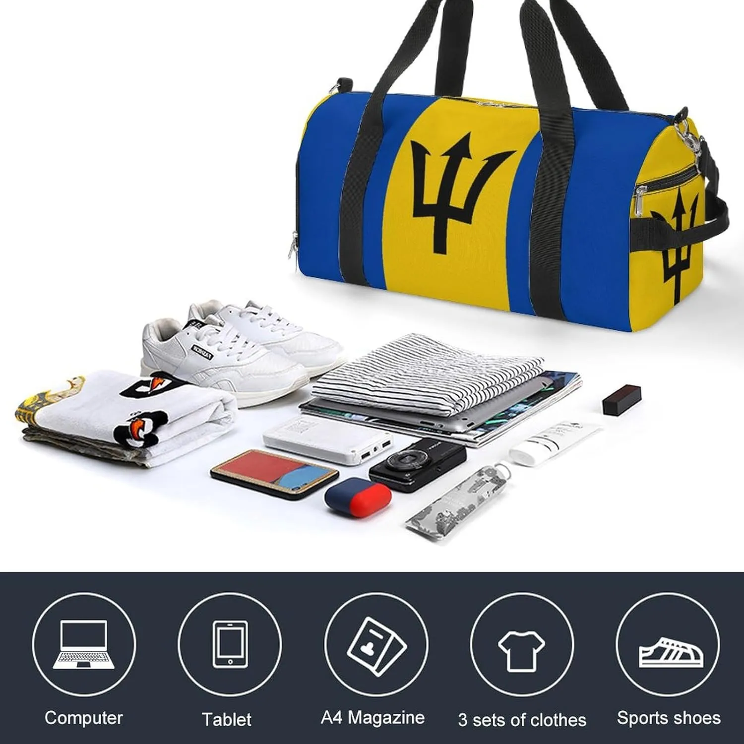 Travel Gym Bag with Barbados Flag for Men Women Weekender Shoe Compartment