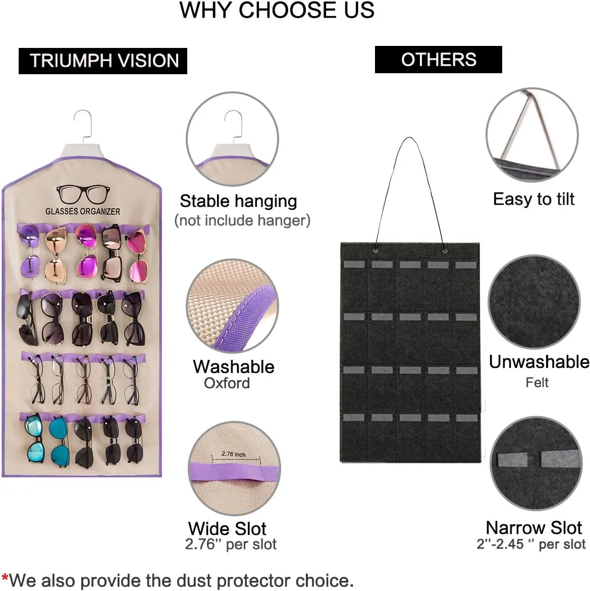 TRIUMPH VISION Sunglasses Organizer Wall Sunglass Holder - Dust Protector Eyeglasses Display Stand Sunglasses Holder Rack for Home Wall Washable