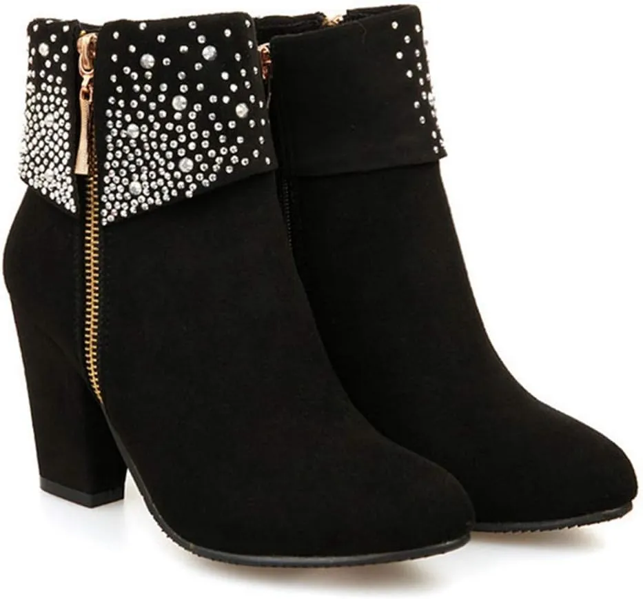 VOKLIN Women's Round Toe Rhinestone Dressy Ankle Boots Suede Zipper Chunky Block High Heels Short Booties