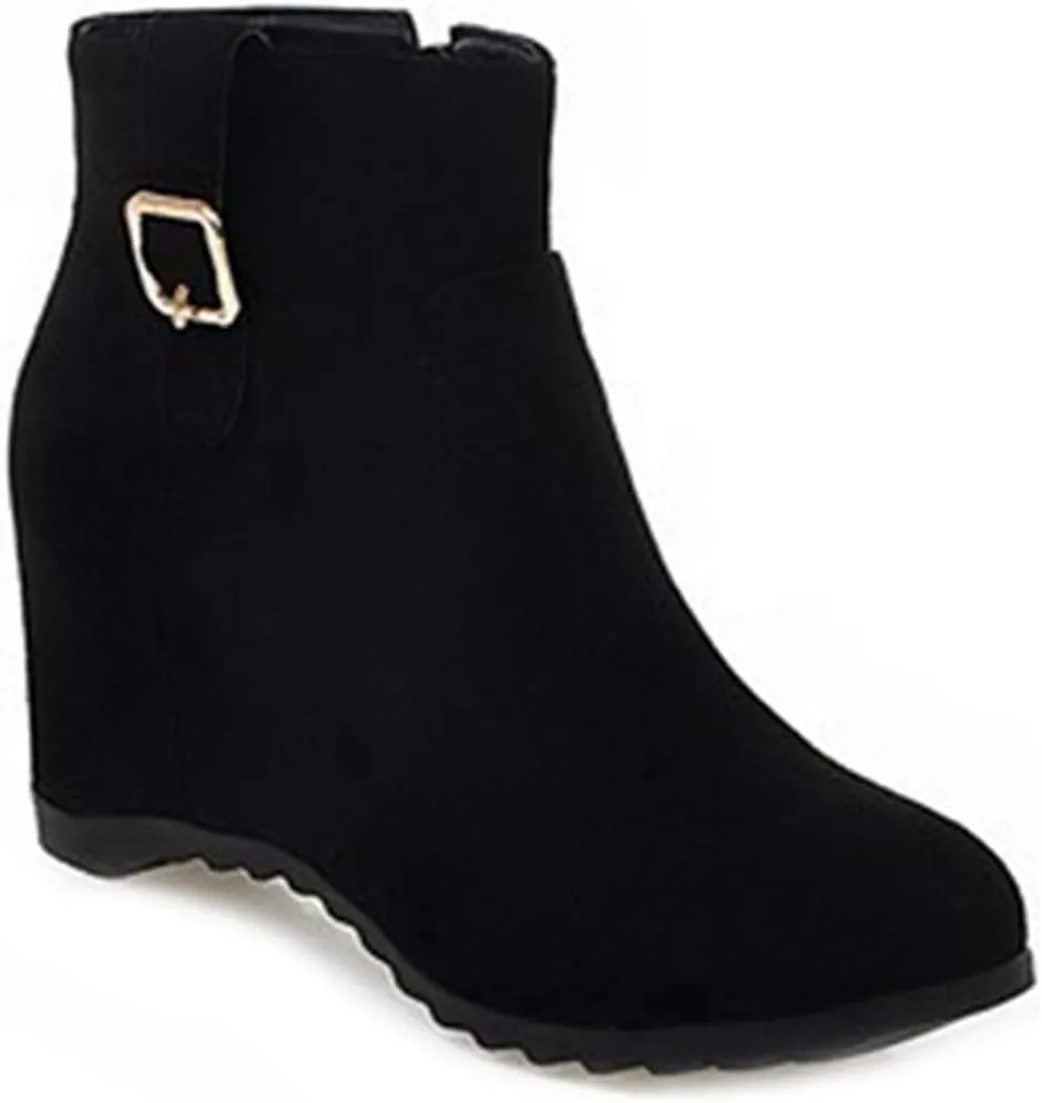 VOKLIN Women's Winter Wedge Dressy Ankle Boots Suede Round Toe Zipper Comfy Chunky Hidden Heel Short Booties