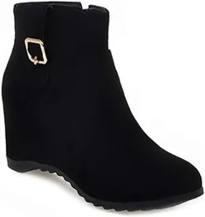 VOKLIN Women's Winter Wedge Dressy Ankle Boots Suede Round Toe Zipper Comfy Chunky Hidden Heel Short Booties