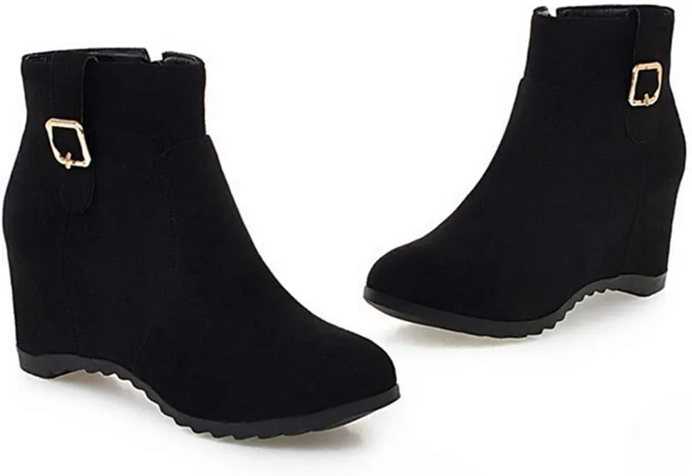 VOKLIN Women's Winter Wedge Dressy Ankle Boots Suede Round Toe Zipper Comfy Chunky Hidden Heel Short Booties