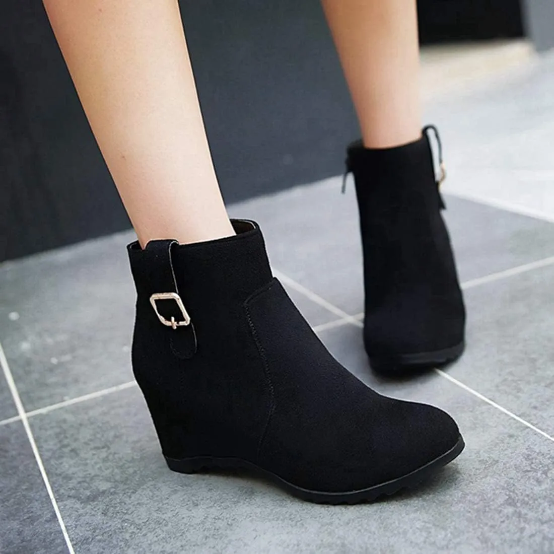 VOKLIN Women's Winter Wedge Dressy Ankle Boots Suede Round Toe Zipper Comfy Chunky Hidden Heel Short Booties