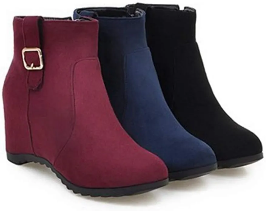 VOKLIN Women's Winter Wedge Dressy Ankle Boots Suede Round Toe Zipper Comfy Chunky Hidden Heel Short Booties