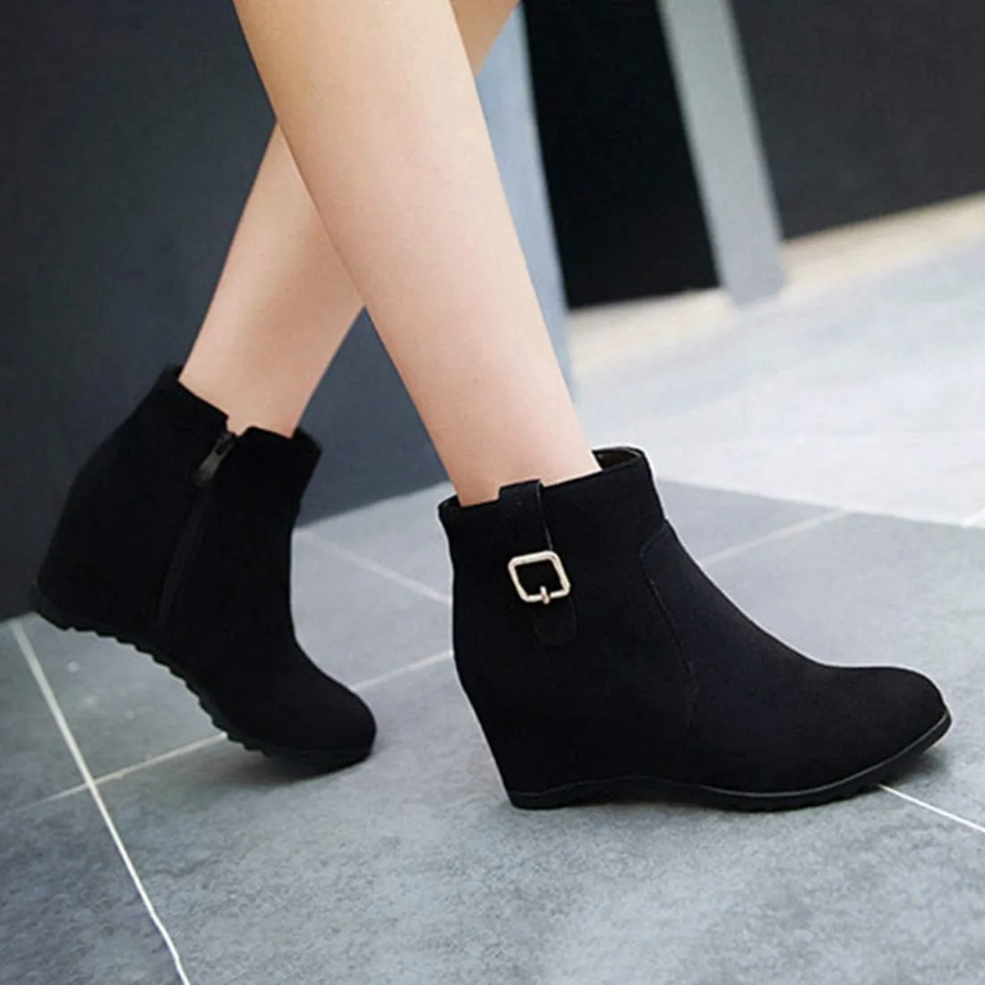 VOKLIN Women's Winter Wedge Dressy Ankle Boots Suede Round Toe Zipper Comfy Chunky Hidden Heel Short Booties