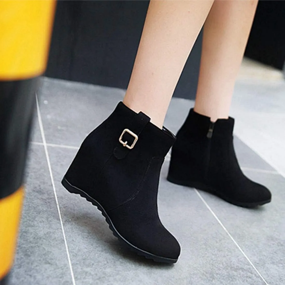 VOKLIN Women's Winter Wedge Dressy Ankle Boots Suede Round Toe Zipper Comfy Chunky Hidden Heel Short Booties