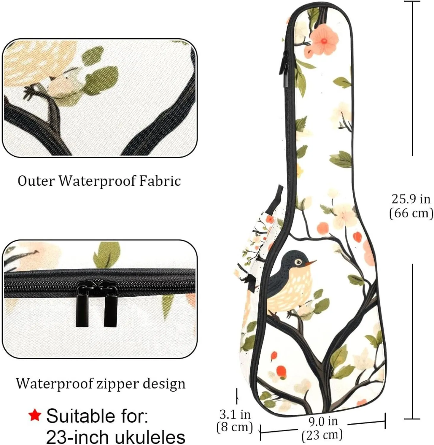 Waterproof Ukulele Case Bag, Durable 23" Ukulele Gig Bag with Storage and Handle - Spring Birds with Flowers Pattern