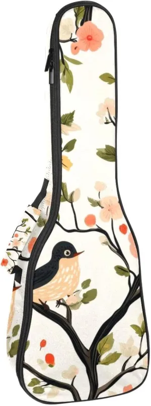 Waterproof Ukulele Case Bag, Durable 23" Ukulele Gig Bag with Storage and Handle - Spring Birds with Flowers Pattern
