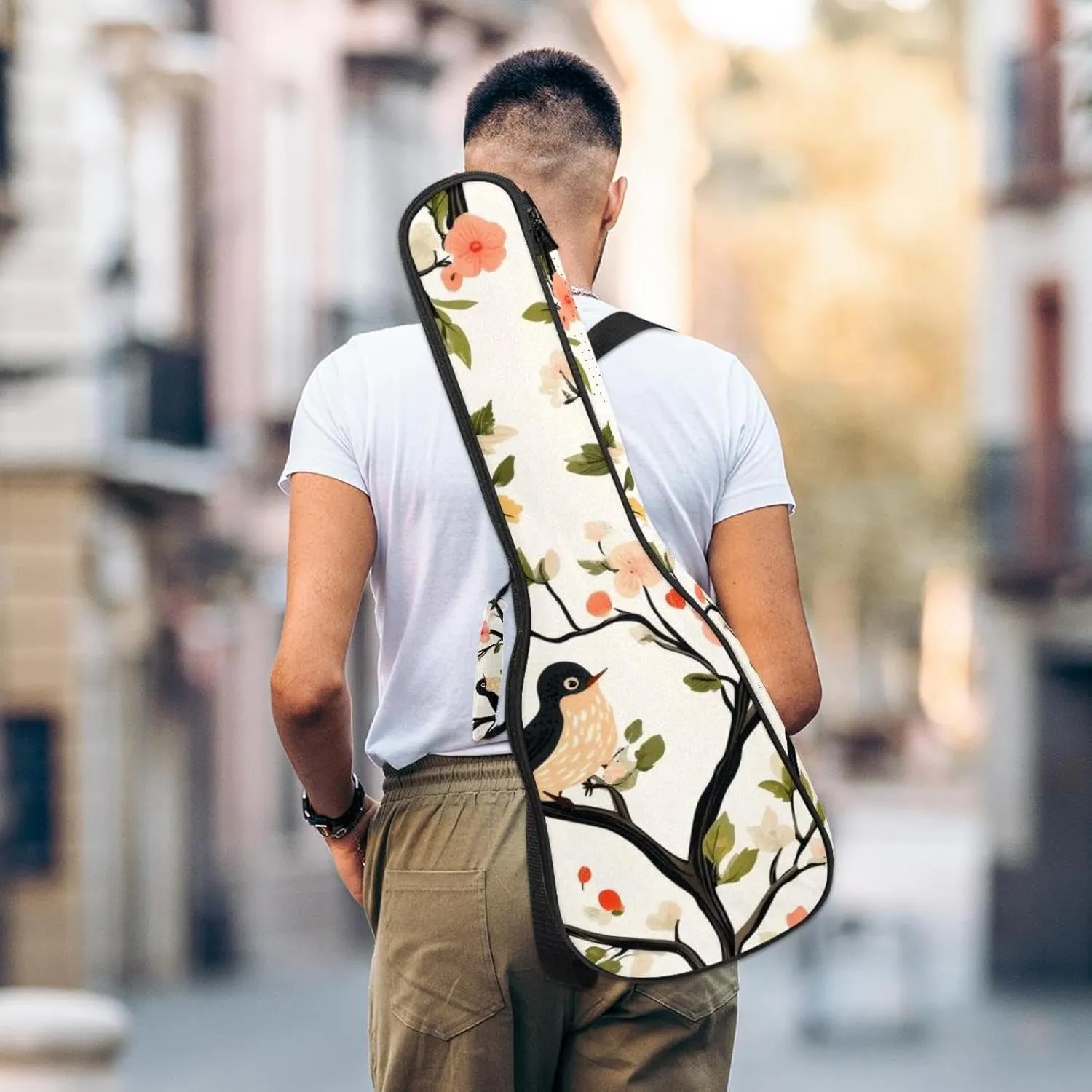 Waterproof Ukulele Case Bag, Durable 23" Ukulele Gig Bag with Storage and Handle - Spring Birds with Flowers Pattern