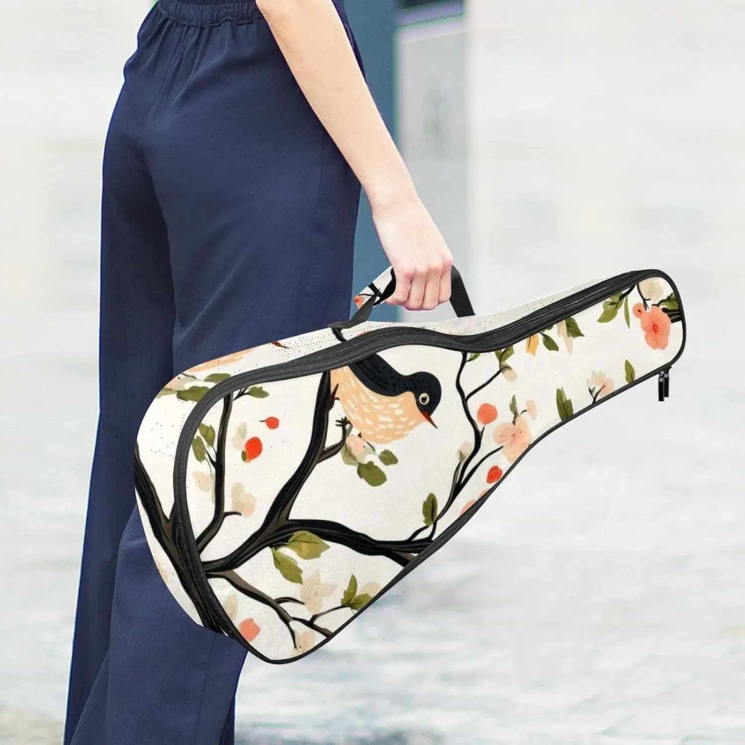 Waterproof Ukulele Case Bag, Durable 23" Ukulele Gig Bag with Storage and Handle - Spring Birds with Flowers Pattern