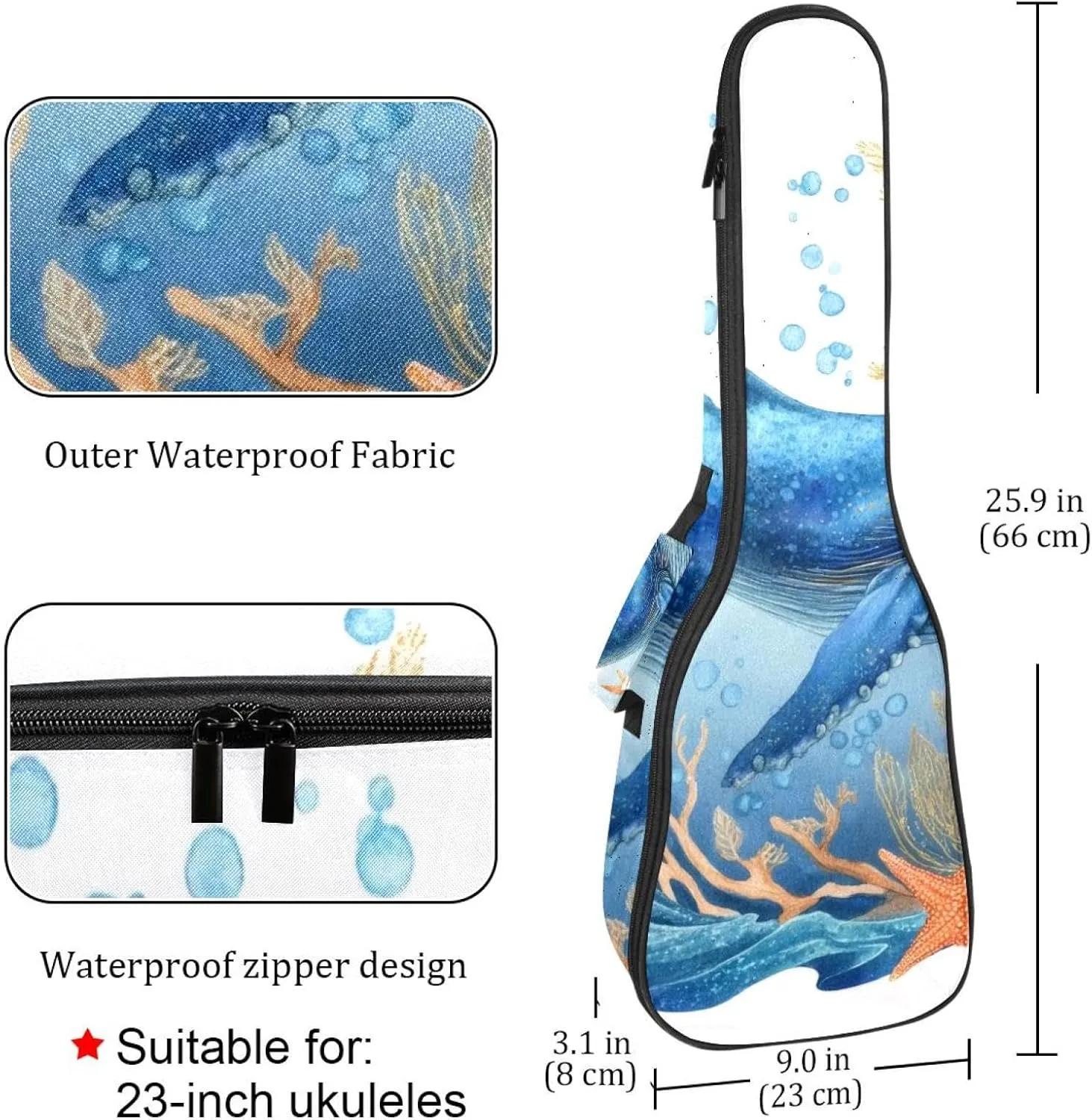 Waterproof Ukulele Case Bag, Durable 23" Ukulele Gig Bag with Storage and Handle - Whale Sea Blue Algae with Leaves Bubbles and Coral Starfish