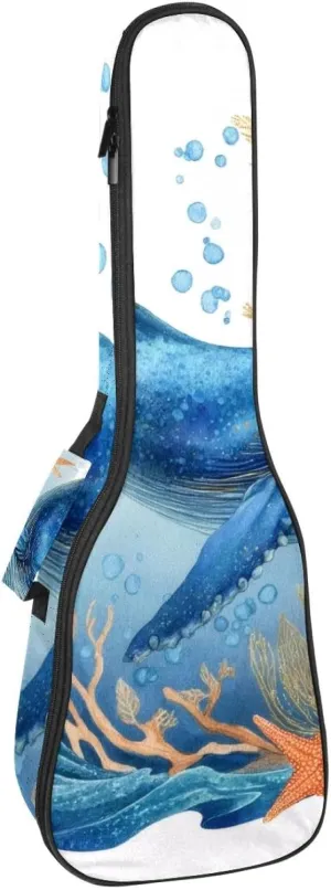 Waterproof Ukulele Case Bag, Durable 23" Ukulele Gig Bag with Storage and Handle - Whale Sea Blue Algae with Leaves Bubbles and Coral Starfish