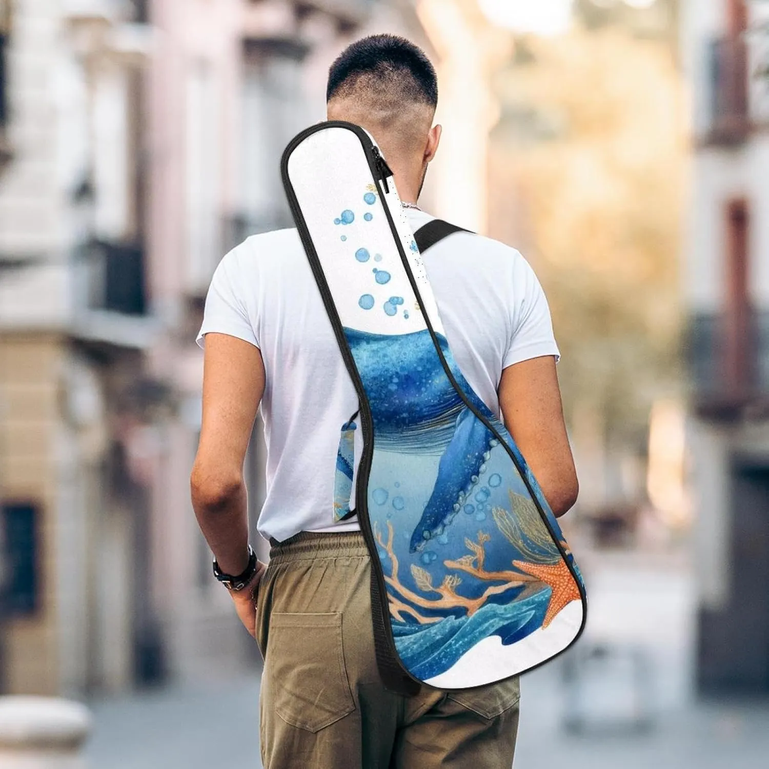 Waterproof Ukulele Case Bag, Durable 23" Ukulele Gig Bag with Storage and Handle - Whale Sea Blue Algae with Leaves Bubbles and Coral Starfish