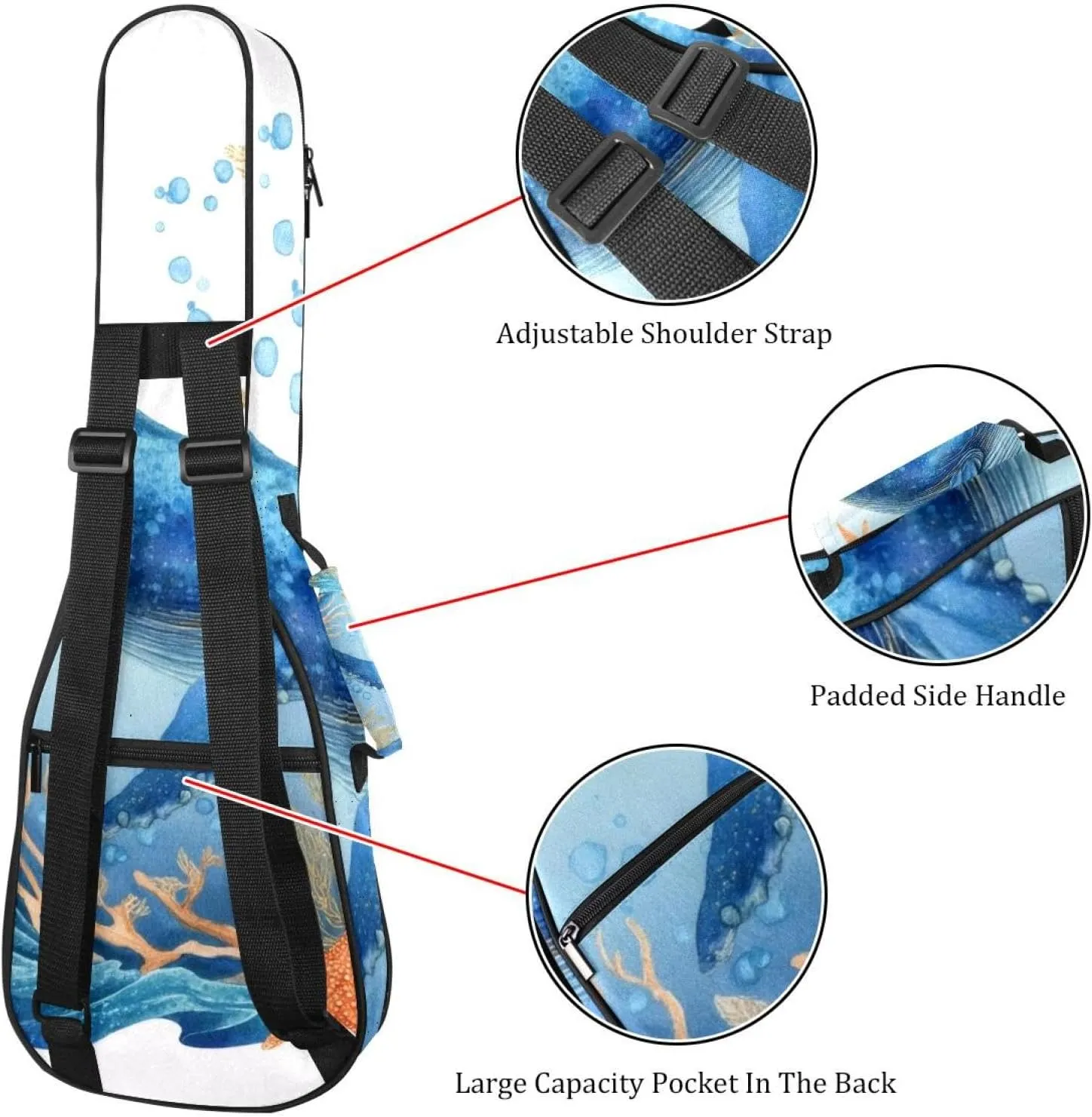 Waterproof Ukulele Case Bag, Durable 23" Ukulele Gig Bag with Storage and Handle - Whale Sea Blue Algae with Leaves Bubbles and Coral Starfish