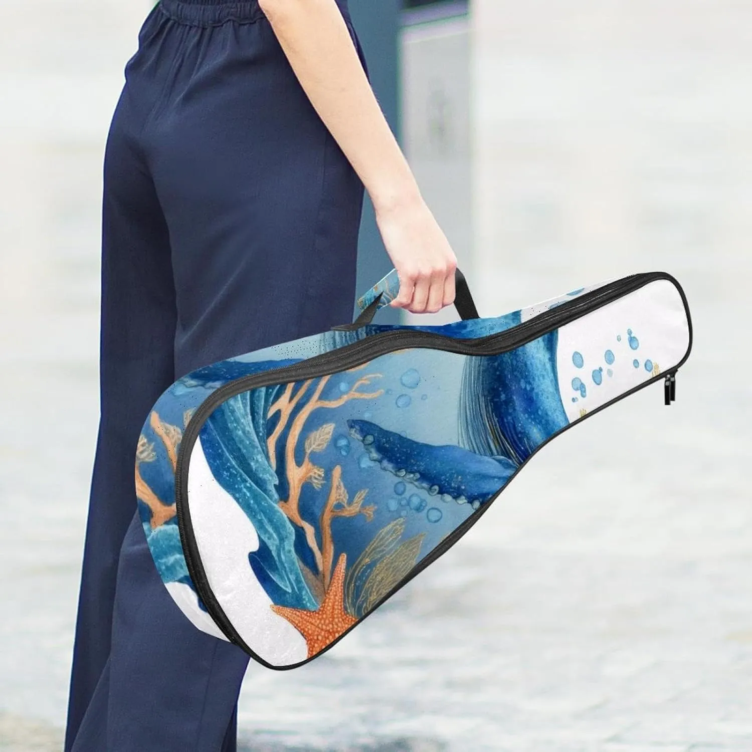 Waterproof Ukulele Case Bag, Durable 23" Ukulele Gig Bag with Storage and Handle - Whale Sea Blue Algae with Leaves Bubbles and Coral Starfish