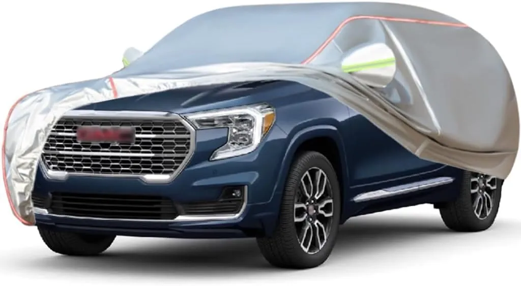 WOLWES Car Cover are Suitable for GMC Terrain All-Weather Windproof, Snowproof, Rainproof, UV-Protected and Breathable All-Season Universal with Side Door Zip Oxford Cloth Car Cover (Color : White)