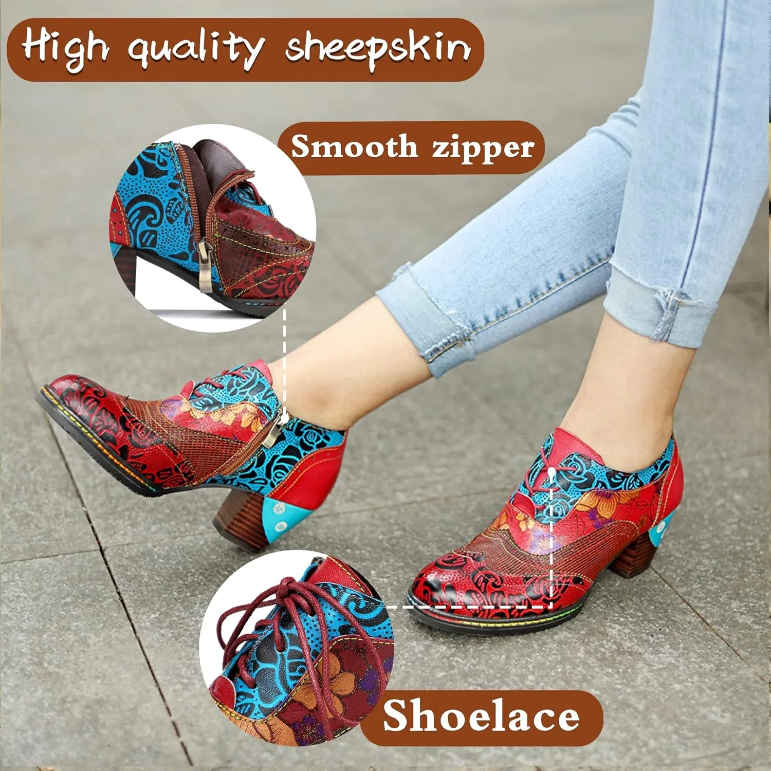 Women's Handmade Lambskin Oxford Loafers Shoes with Retro Ethnic Printed Style, Brock Design for Casual and Fashion Collegiate Style