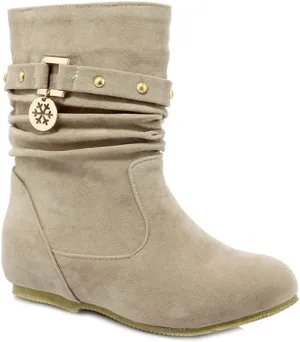 Women's Winter Suede Slouch Ankle Boots Metallic Low Wedge Hidden Heel Pull On Dressy Short Booties