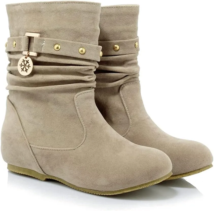Women's Winter Suede Slouch Ankle Boots Metallic Low Wedge Hidden Heel Pull On Dressy Short Booties