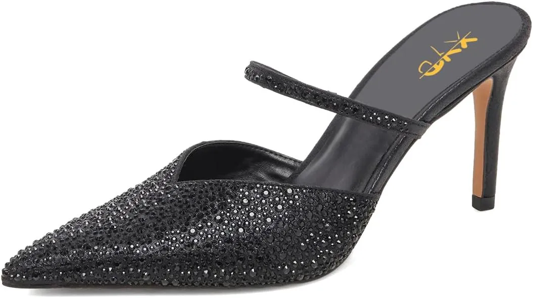 XYD Women Pointed Closed Toe Mules Single Strap Slip On Mid High Heels Sandals Stilettos Chic Ladies Spring Summer Dress Wedding Party Shoes