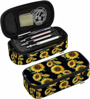 Yekiua Sunflowers Pencil Case Vintage Watercolor Trendy Flowers Leaves Big Capacity Pencil Pouch Office College Makeup Bag