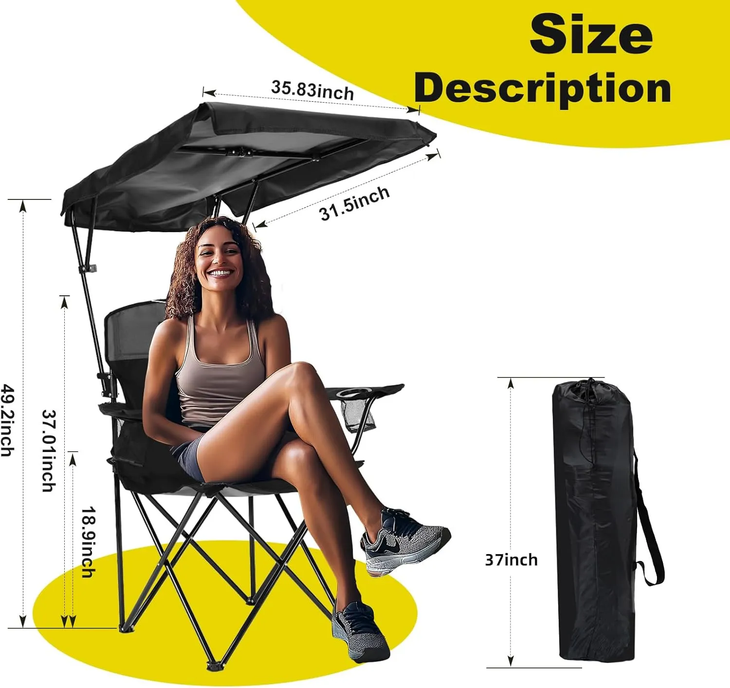 YOUNG WOOD Portable Camping Chair Beach Chair with Shade Canopy, Fold Lightweight Oversized for All, Easy to Open and Close Without Installation, Side Pocket Design for All Outdoor Activities，Black