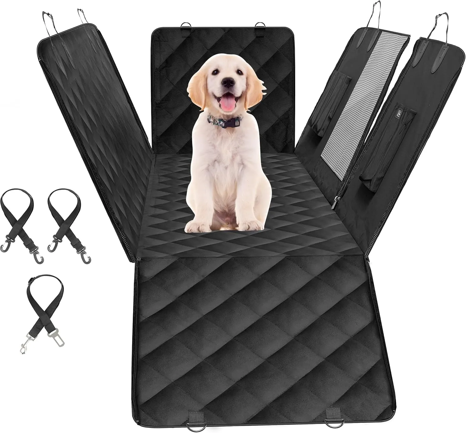 YSSOA Dog Car Seat Cover for Back Seat, Durable Waterproof Nonslip Pets Hammock with Mesh Window and Storage Pocket, Suitable for Cars, Trucks, SUVs, Standard