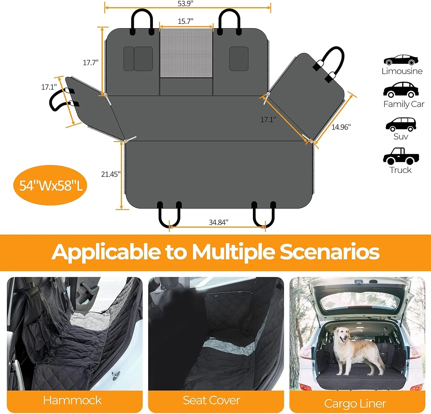 YSSOA Dog Car Seat Cover for Back Seat, Durable Waterproof Nonslip Pets Hammock with Mesh Window and Storage Pocket, Suitable for Cars, Trucks, SUVs, Standard