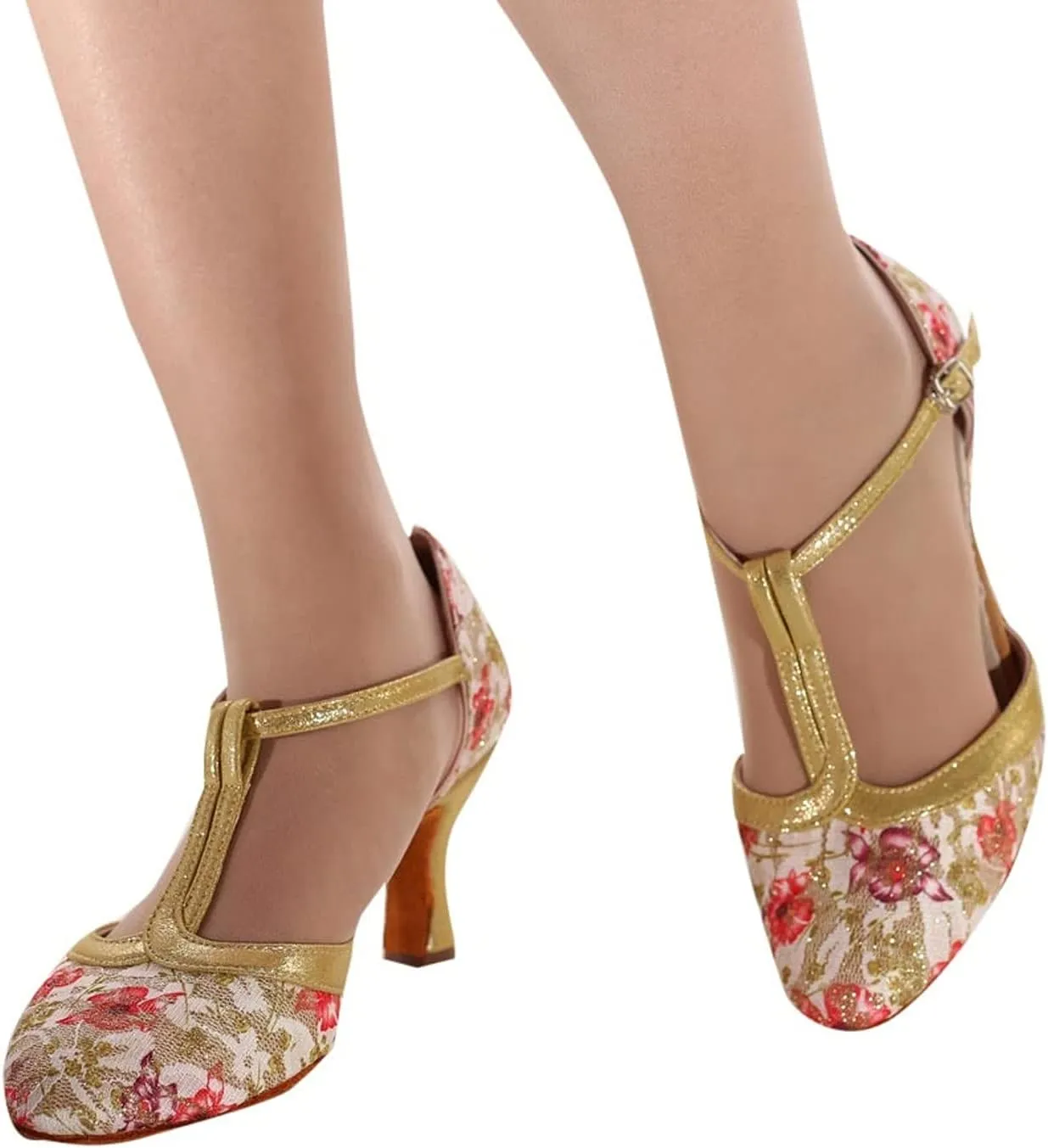 ZSpzx Closed Toe Block Sandals for Women Pointed Toes Kitten Heels Sparkly Slip On T-Strap Orthopedic Sandal Mid Heeled Comfortable Embroidered Flower Dressy Latin Shoes for Wedding Bridal Prom